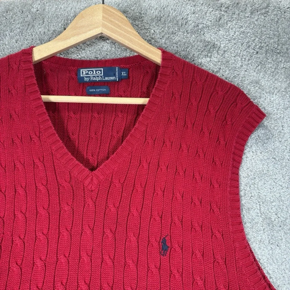 Vintage Polo Ralph Lauren Sweater Vest Mens XL Red Cable Knit‎ V Neck Preppy 90s